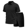 Detailierte Textur des schwarzen Herren Polo-Shirts und Shorts Sets aus schwerem Jacquard - S / Oberteil und Hose / Schwarz