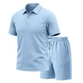 Detailed view of men's light blue jacquard polo shirt and matching shorts set - Light Blue