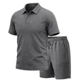 Detailed view of men's grey heavy jacquard polo shirt and matching shorts leisure set - Dark Gray