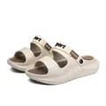 Detail view of beige outdoor sandals with adjustable heel strap and sport text. - Khaki
