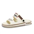 Off-white men's outdoor leisure slides with brown straps and fashion text design - Beige