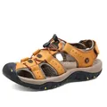 Men's outdoor brown leather closed-toe sandals with breathable holes and non-slip sole - 38 / Tan