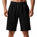 Close-up of black jacquard checkerboard pattern on men's casual shorts - Black