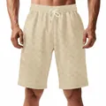 Detailed view of the heavy jacquard checkerboard texture on these casual beige men's shorts - Khaki