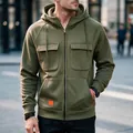 Sudadera con capucha y cremallera verde oliva para hombre con múltiples bolsillos - S / Tops / Verde Militar