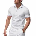 Professional studio shot of a white quick-dry polo shirt with blue trim on a model. - S / Tops / White