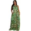 Elegant green and white paisley print halter neck backless wide-leg jumpsuit for summer - S / Top And Bottom / Green
