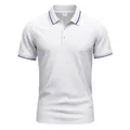 Detailed view of a white quick-dry polo shirt with blue tipping on collar and cuffs - S / Tops / White