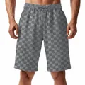 Detailed view of men's grey checkered casual shorts with a drawstring waist - Dark Gray