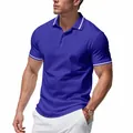 Close-up of blue quick-dry polo shirt with white stripe details on collar and cuffs. - Sapphire Blue
