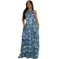Elegant blue and white floral patterned halter backless maxi jumpsuit for summer - S / Top And Bottom / Blue