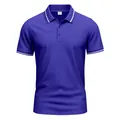 Detailed view of a purple quick-dry polo shirt featuring white striped collar and cuffs - S / Tops / Sapphire Blue