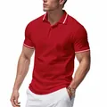 Detail view of a men's red quick-dry polo shirt with white trim on collar and sleeves. - S / Tops / Red
