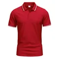 Detailed front view of red quick-dry polo shirt with white striped collar and cuffs. - S / Tops / Bright Red
