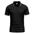 Professional front view of a black quick-dry polo shirt with white stripes on the collar. - Black