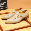 Premium men's beige leather hollow-out sandals with a stylish woven design and buckle strap - 37 / Off White