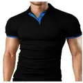 Slim fit black short sleeve polo shirt with blue collar and cuff details - Black and Royal Blue