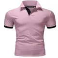 Close-up of pink men's polo shirt with black contrast collar and sleeve cuffs detail. - XXS / Top (PO-2025) / Pink