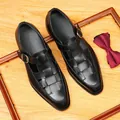Classic black leather woven Roman sandals for men featuring a stylish monk strap buckle - 37 / Black