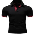 Slim fit men's black polo shirt with red contrast collar and sleeve cuff details. - Black & Red