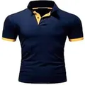Detail view of navy blue men's Polo shirt with yellow contrast trim - Navy/Orange