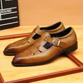 Elegant brown leather braided sandals for men with hollow-out design and buckle - 37 / Brown