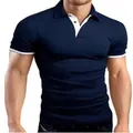 Men's slim fit navy blue polo shirt with white contrast collar and sleeve trim details. - Navy Blue/White