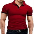 Close-up detail of a men's slim-fit red polo shirt featuring contrasting black collar trim. - Burgundy