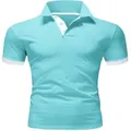 Men's turquoise short-sleeved polo shirt with white contrast collar and cuffs detail. - Sky Blue