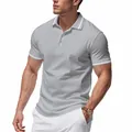 Detail view of a grey quick-dry polo shirt with white striped collar and cuffs - Light Gray