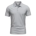 Detailed view of a grey quick-dry polo shirt with white stripes on collar and cuffs. - Light Gray