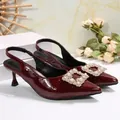 Burgundy patent leather kitten heel slingbacks featuring a luxury pearl and crystal square buckle - 35 / Burgundy