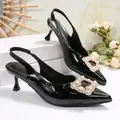 Elegant black patent leather pointed toe slingback heels with exquisite pearl buckle detail - 35 / Black