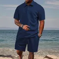 Men's navy blue jacquard knit Polo shirt and shorts summer two-piece set - S / Top And Bottom / Navy Blue
