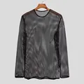 Detail showing the intricate black fishnet mesh fabric and drop-shoulder long-sleeved design. - S / Tops / Black
