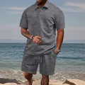 Men's casual grey jacquard short sleeve polo shirt and matching shorts two-piece set - Dark Gray
