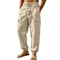 Detail view of men's loose beige linen cargo pants with functional multi-pockets - Light Khaki