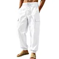 Close-up detail of men's white linen cargo pants with adjustable drawstring waist - White