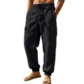 Detail view of black linen cargo pants for men with pockets and drawstring waist - Black