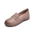 Comfortable brown soft-sole flat leather loafers for women featuring a classic round toe - 36 / Dusty Pink