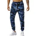 Men's blue camouflage joggers with cargo pockets, elastic waistband, and white sneakers - Denim Blue Camouflage