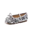 Elegant sparkly silver sequin princess flats for girls featuring a cute grey bow detail - Size 23 Inner Length 13.8cm / Silver