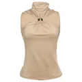 Sleeveless turtleneck halter top with metallic gold ring decoration in beige finish - Khaki