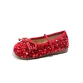 Elegant red sequin girl's princess flats with soft sole and bow accent detail - Size 23 Inner Length 13.8cm / Red