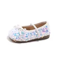 Sparkly sequin Mary Jane flats for girls with elegant bow detail and soft rubber sole - White