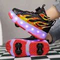Detail of kids four-wheel roller shoes with flame pattern and bright LED lights. - 29 / Red