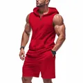 Men's athletic red fitness set with sleeveless hooded vest and matching gym shorts. - S / Top And Bottom / Red