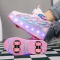 Detail view of pink girl's four-wheel roller shoes with glowing LED lights - 29 / Pink
