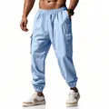 Full view of light blue linen cargo joggers for men in outdoor sports style - Light Blue / S