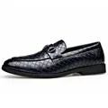 Mocasines elegantes de cuero trenzado azul para hombre con doble hebilla de vestir - 38 / Mocasines Textura Tejida Bocado Metal / Azul